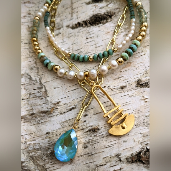 Blue Mint Czech Glass Beads & Pearls In 3 Layered Statement Paperclip Necklace - Picture 9 of 12